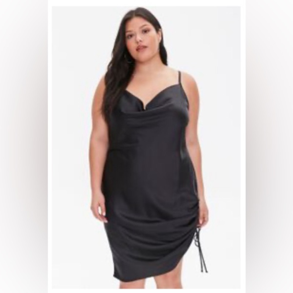 Forever 21 Black Satin Slip Dress w/Ruching & Cowl Neckline